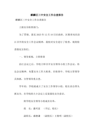 麒麟区三中安全工作自查报告