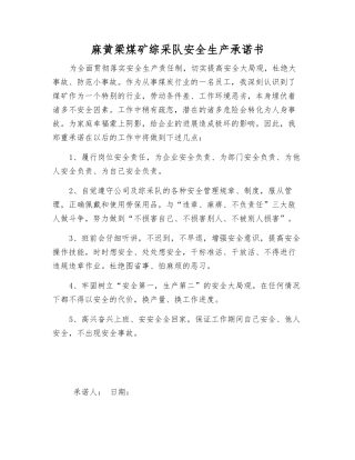 麻黄梁煤矿综采队安全生产承诺书