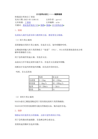 齐鲁医学ICU医师必读之一——镇静镇痛