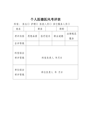 齐鲁医学个人医德医风考评表