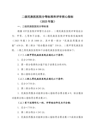 齐鲁医学二级民族医医院核心指标2025年版