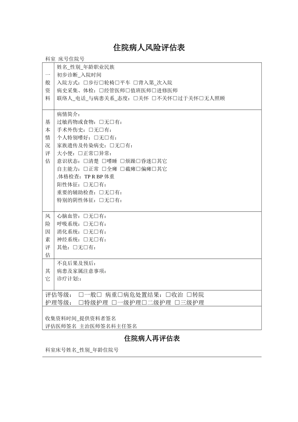 齐鲁医学住院病人风险评估表_第1页