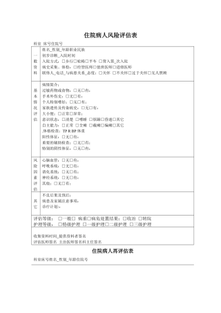 齐鲁医学住院病人风险评估表
