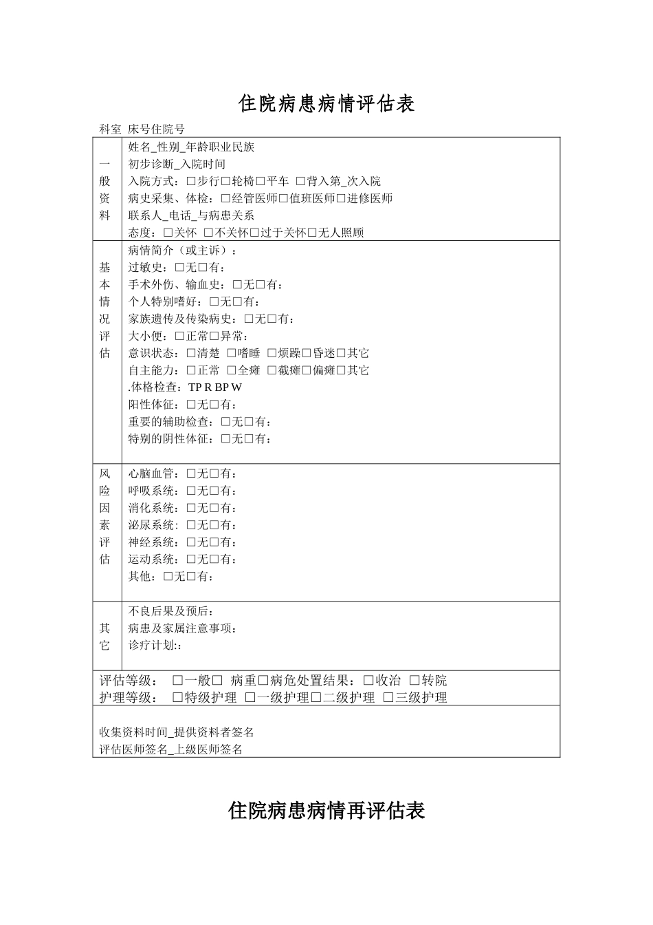 齐鲁医学入院病人病情评估表-及再评估表_第1页
