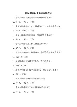 齐鲁医学医院职能科室满意度调查表