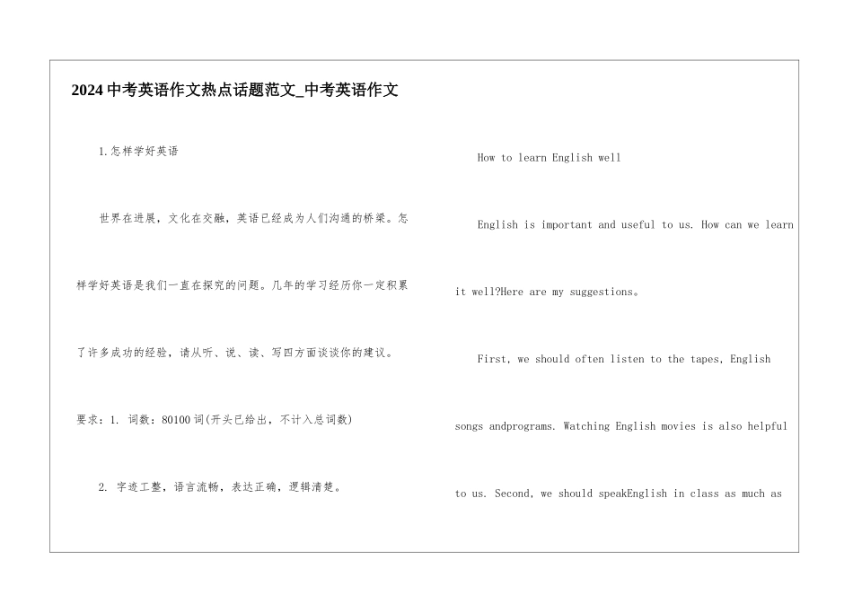 2024中考英语作文热点话题范文-中考英语作文_第1页
