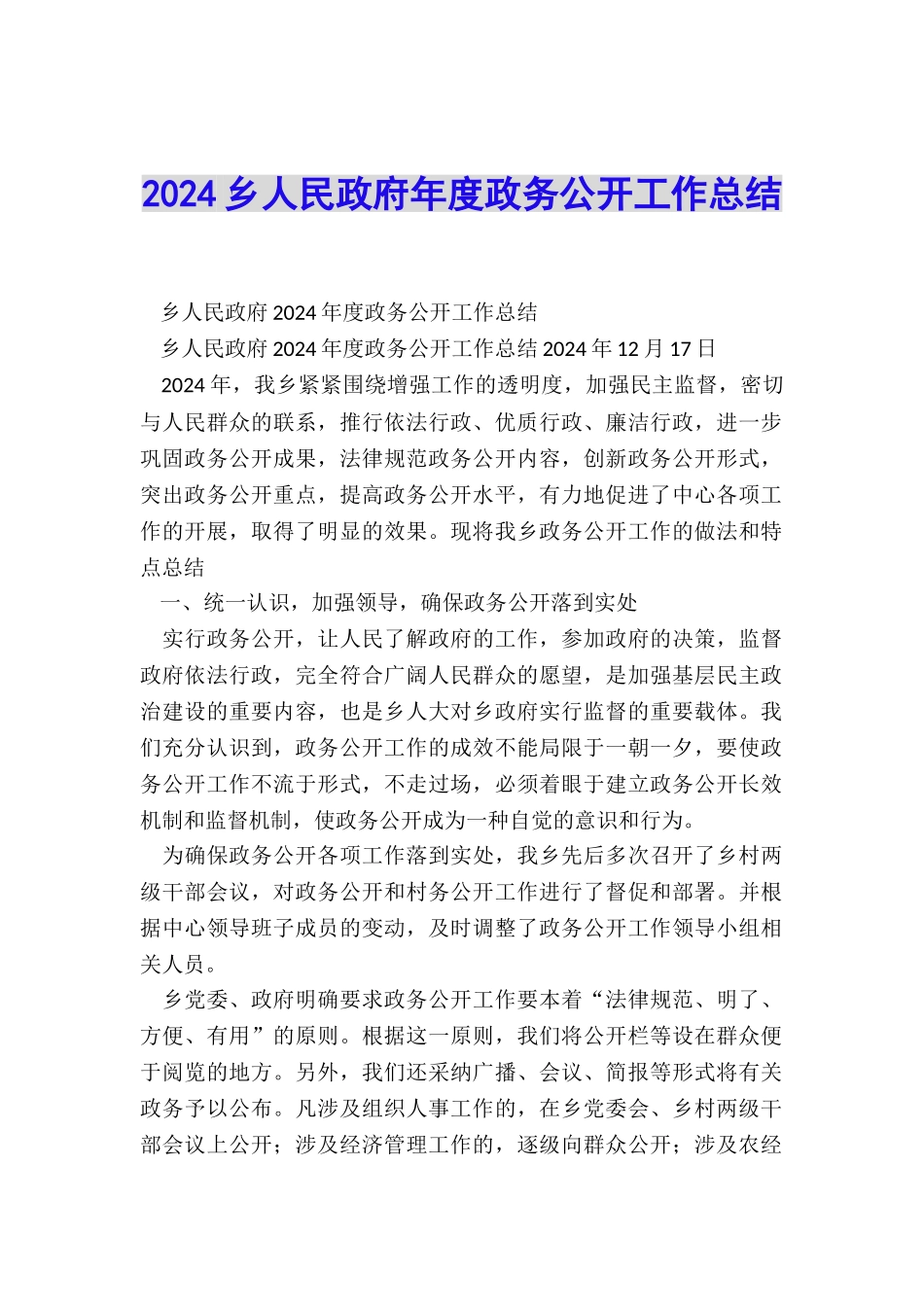 2024乡人民政府年度政务公开工作总结_第1页