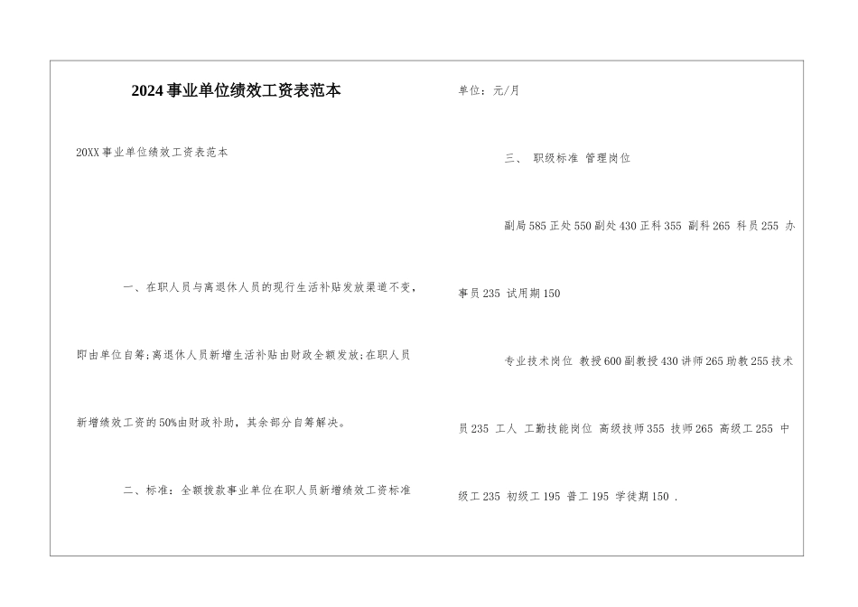 2024事业单位绩效工资表范本_第1页