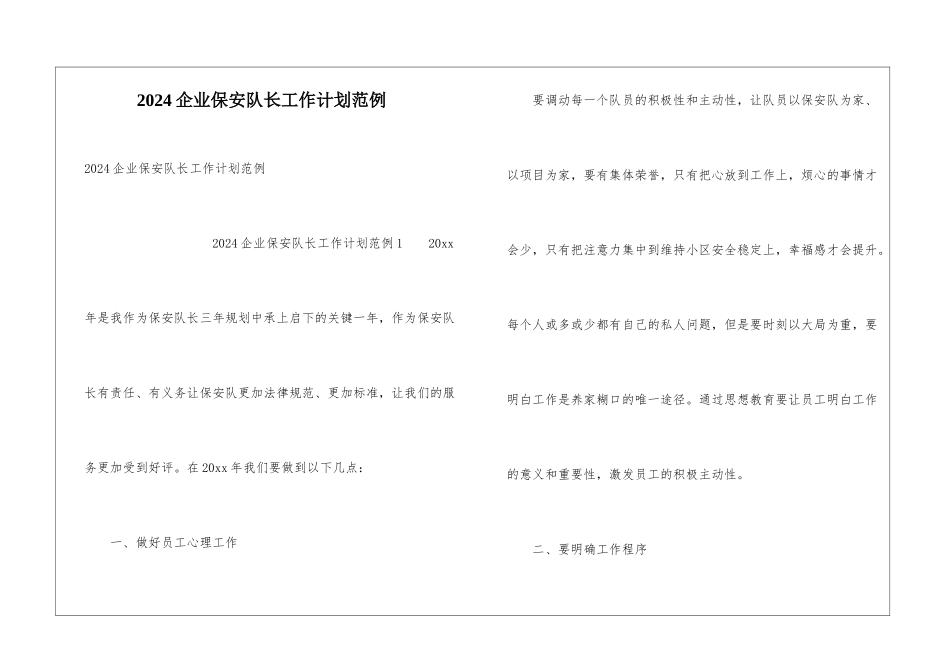 2024企业保安队长工作计划范例_第1页