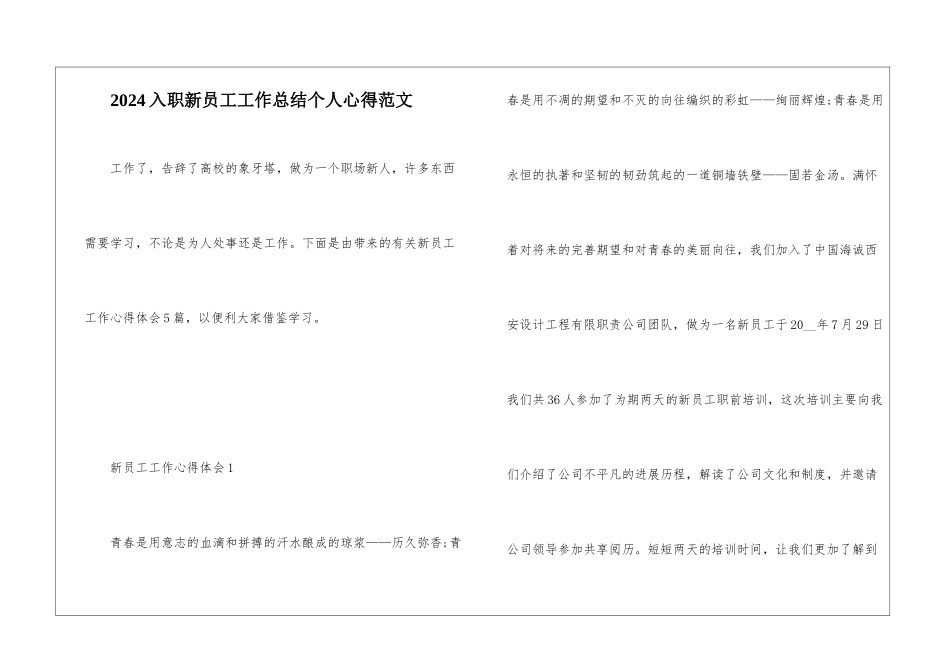 2024入职新员工工作总结个人心得范文_第1页