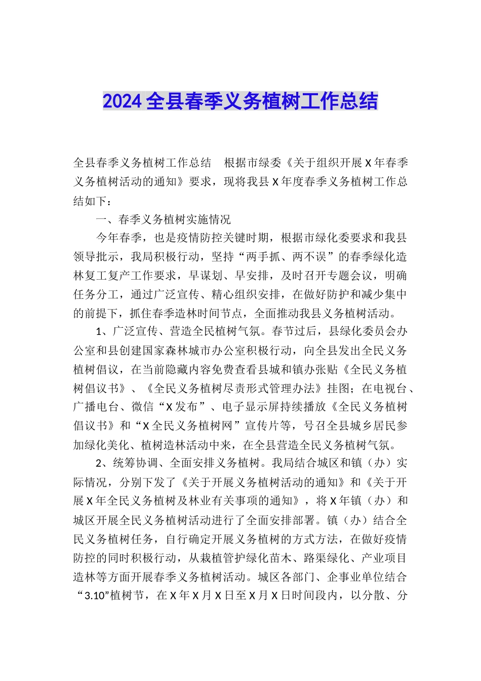 2024全县春季义务植树工作总结_第1页