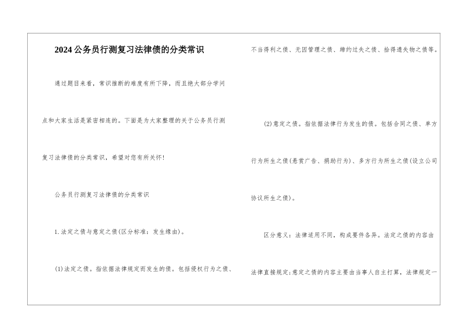 2024公务员行测复习法律债的分类常识_第1页