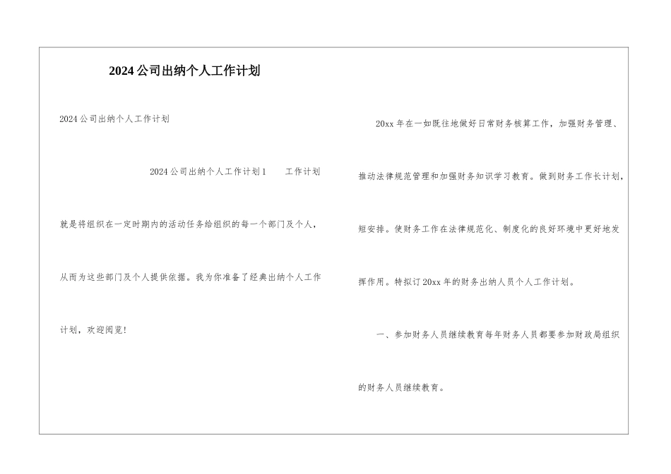 2024公司出纳个人工作计划_第1页