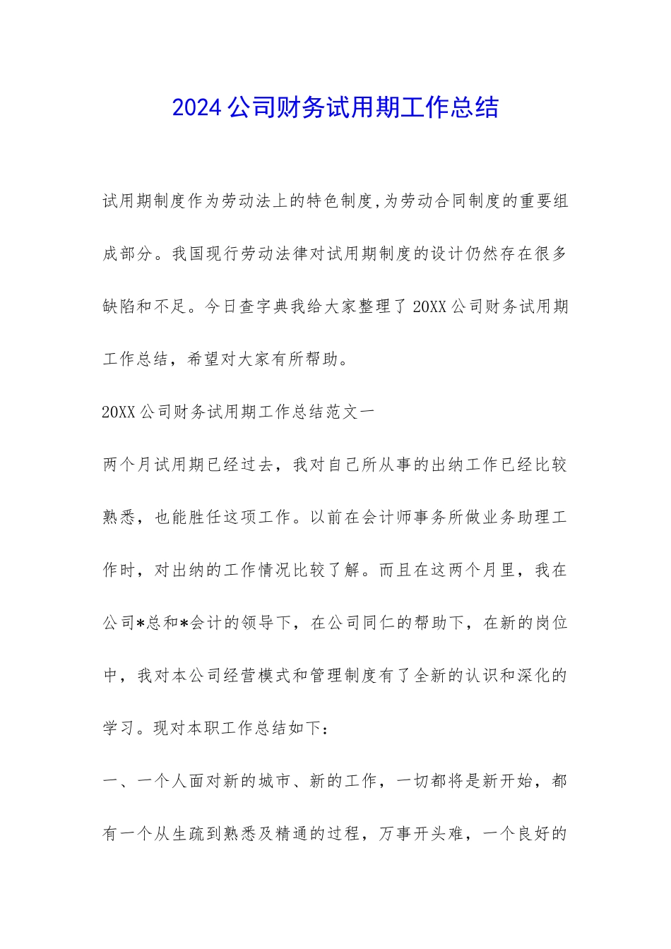 2024公司财务试用期工作总结-_第1页