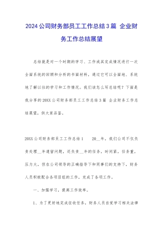 2024公司财务部员工工作总结3篇-企业财务工作总结展望