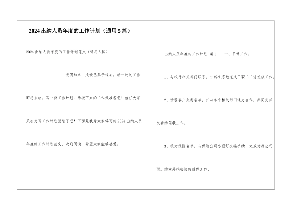 2024出纳人员年度的工作计划_第1页
