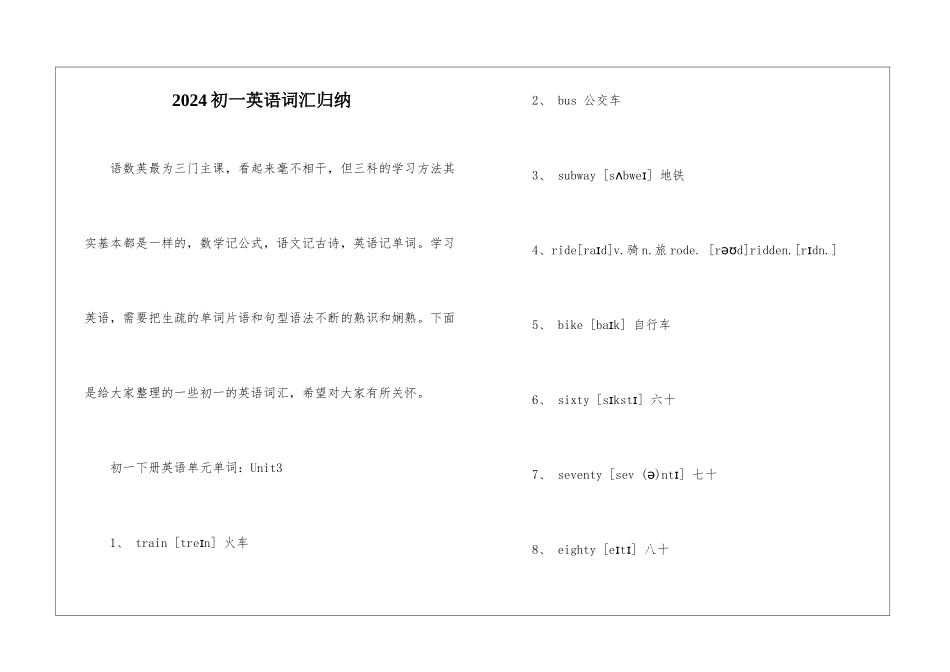 2024初一英语词汇归纳_第1页