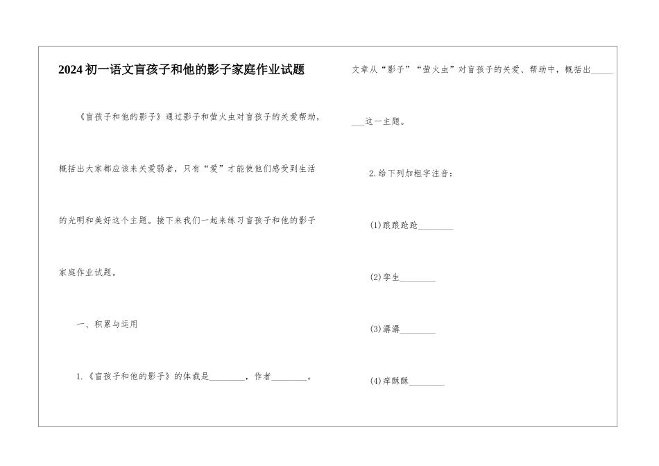 2024初一语文盲孩子和他的影子家庭作业试题-_第1页