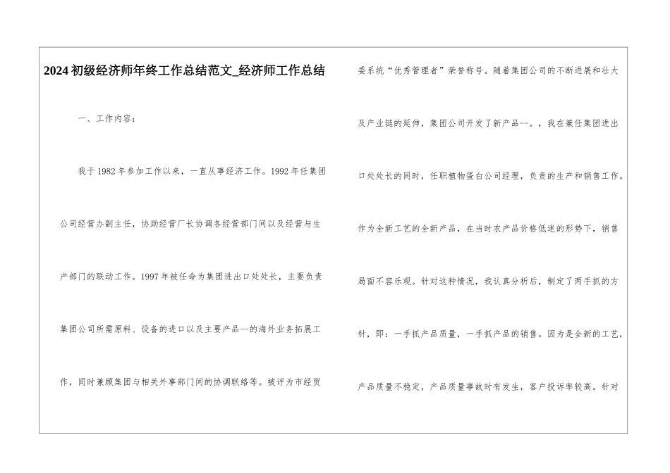 2024初级经济师年终工作总结范文-经济师工作总结_第1页