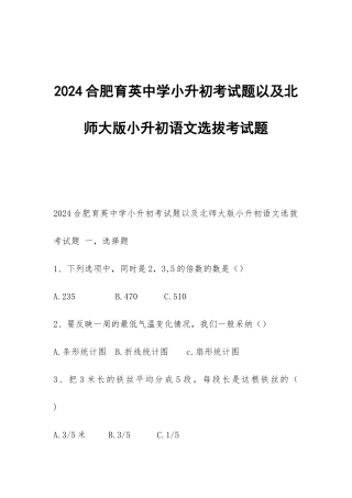 2024合肥育英中学小升初考试题以及北师大版小升初语文选拔考试题