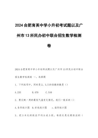 2024合肥育英中学小升初考试题以及广州市13所民办初中联合招生数学检测卷