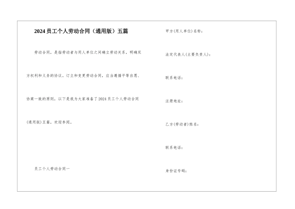 2024员工个人劳动合同五篇_第1页