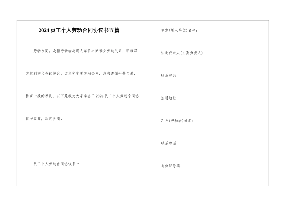 2024员工个人劳动合同协议书五篇_第1页