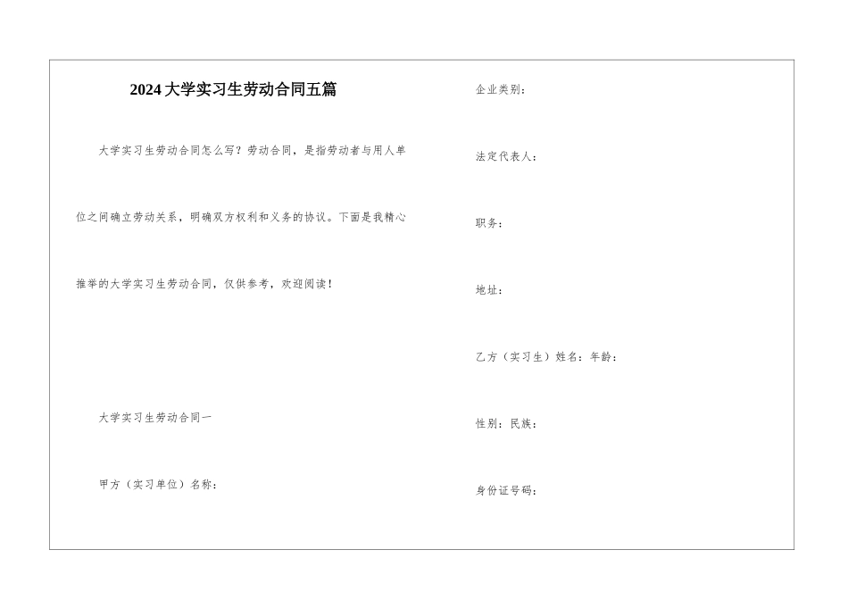 2024大学实习生劳动合同五篇_第1页
