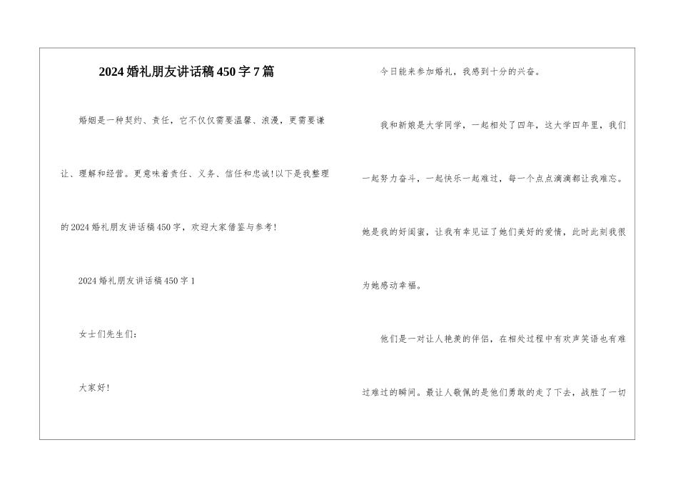 2024婚礼朋友讲话稿450字7篇_第1页