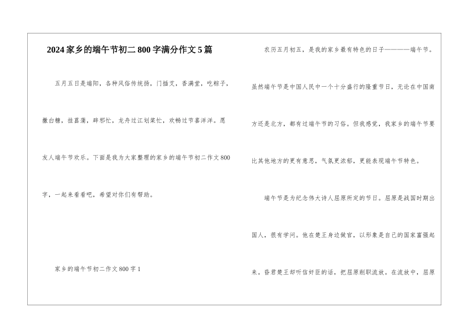 2024家乡的端午节初二800字满分作文5篇_第1页