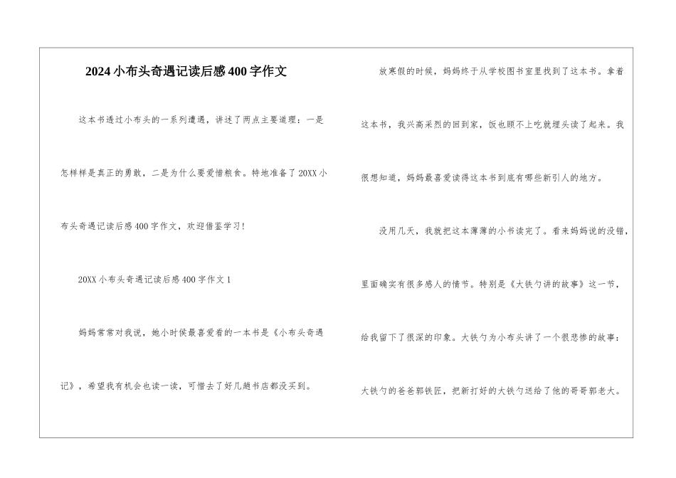 2024小布头奇遇记读后感400字作文_第1页