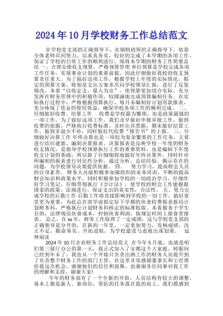 2024年10月学校财务工作总结范文