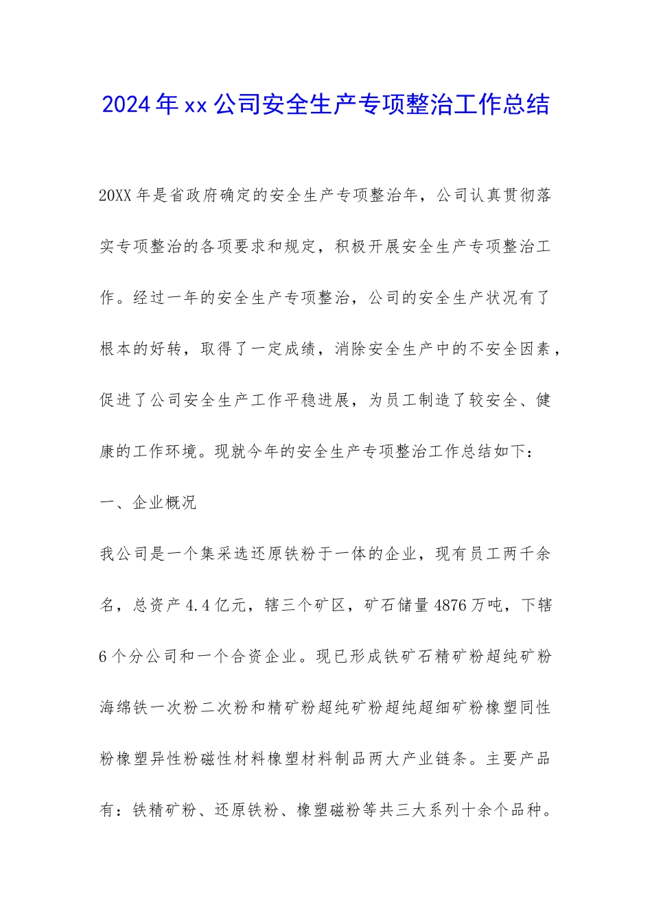 2024年xx公司安全生产专项整治工作总结-_第1页