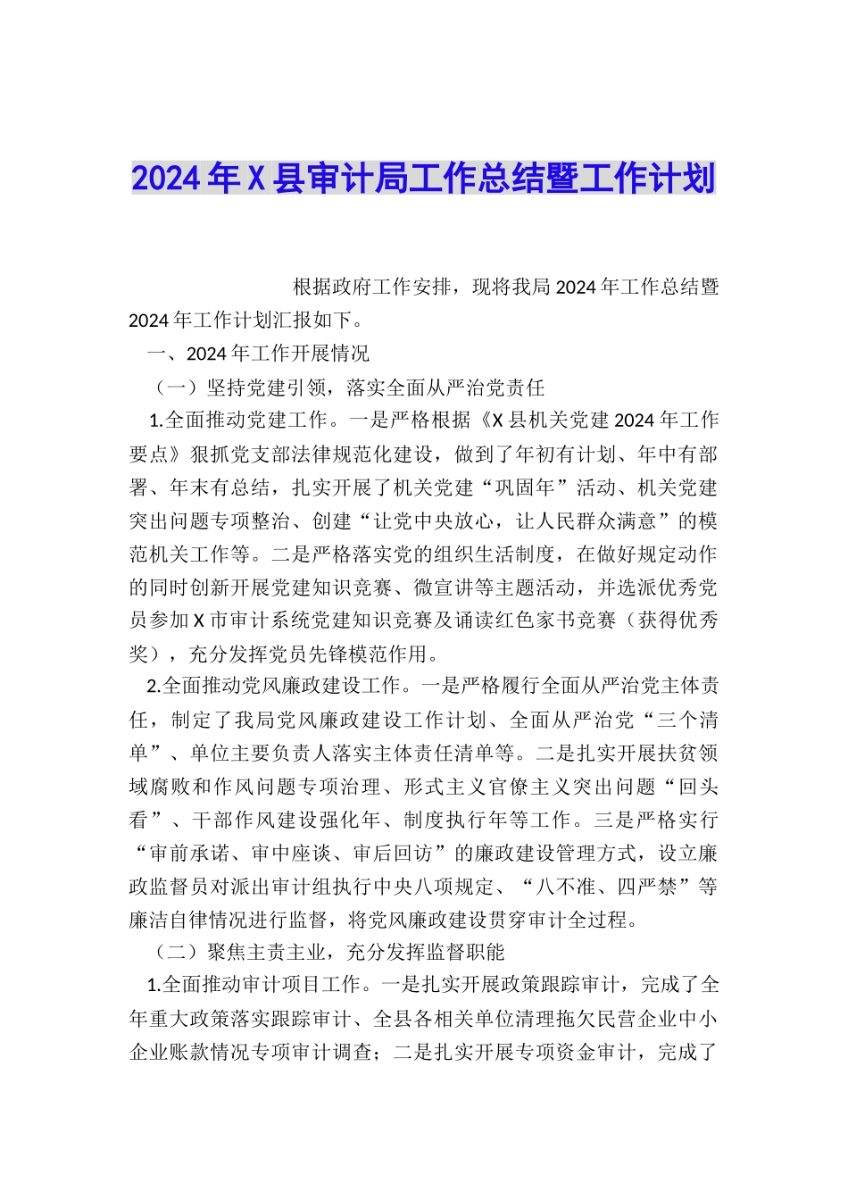 2024年X县审计局工作总结暨工作计划_第1页