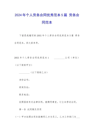 2024年个人劳务合同优秀范本5篇-劳务合同范本