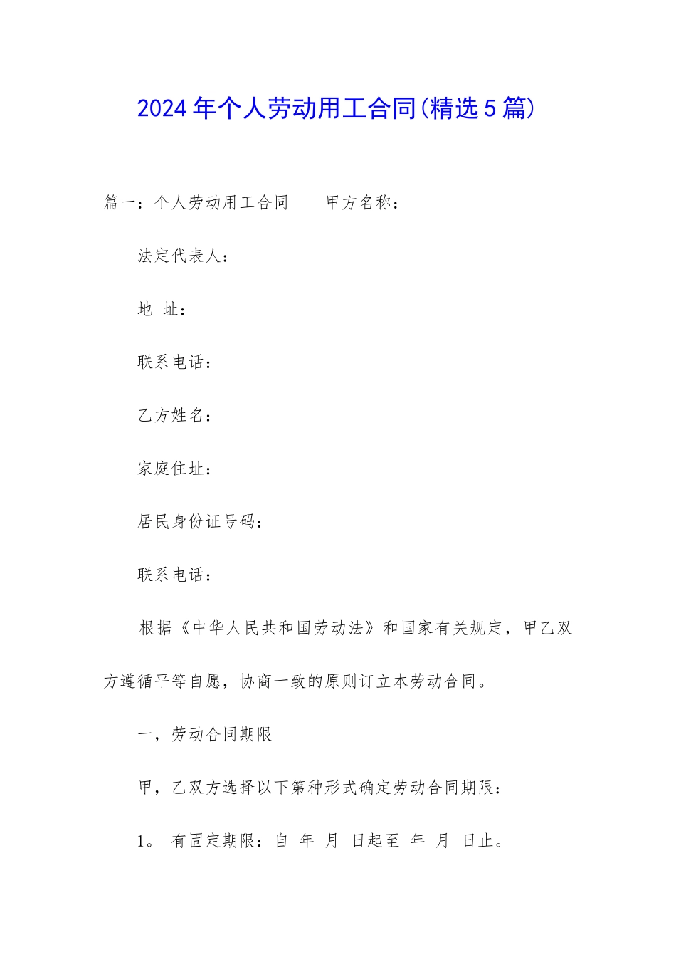 2024年个人劳动用工合同_第1页