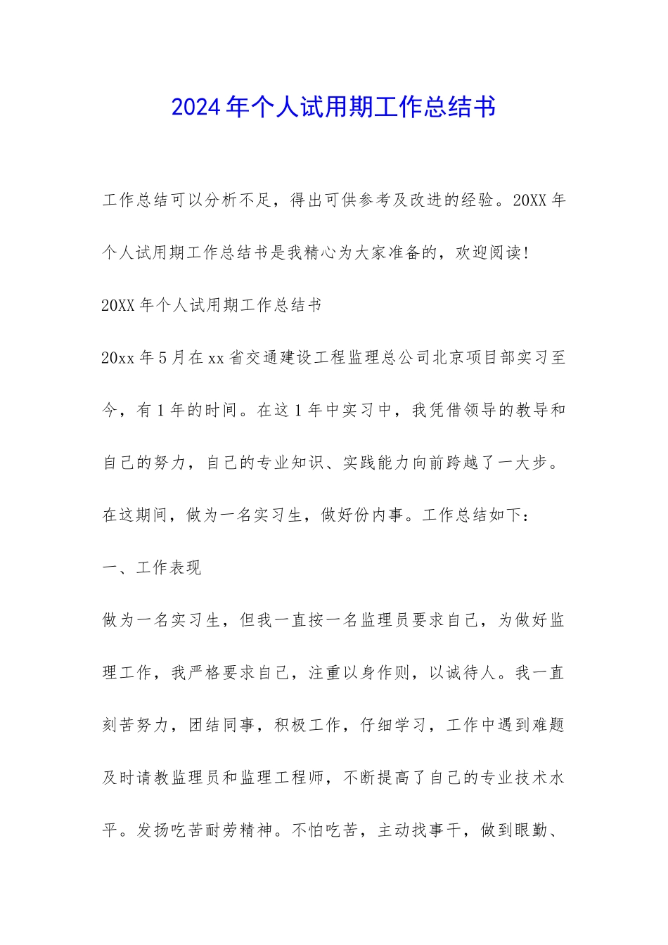 2024年个人试用期工作总结书-_第1页