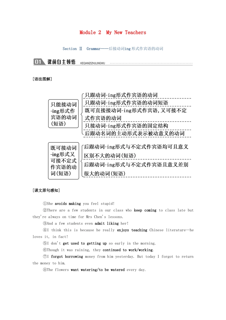 高中英语 Module 2 My New Teachers Section Ⅱ Grammar—后接动词-ing形式作宾语的动词学案（含解析）外研版必修1-外研版高一必修1英语学案_第1页