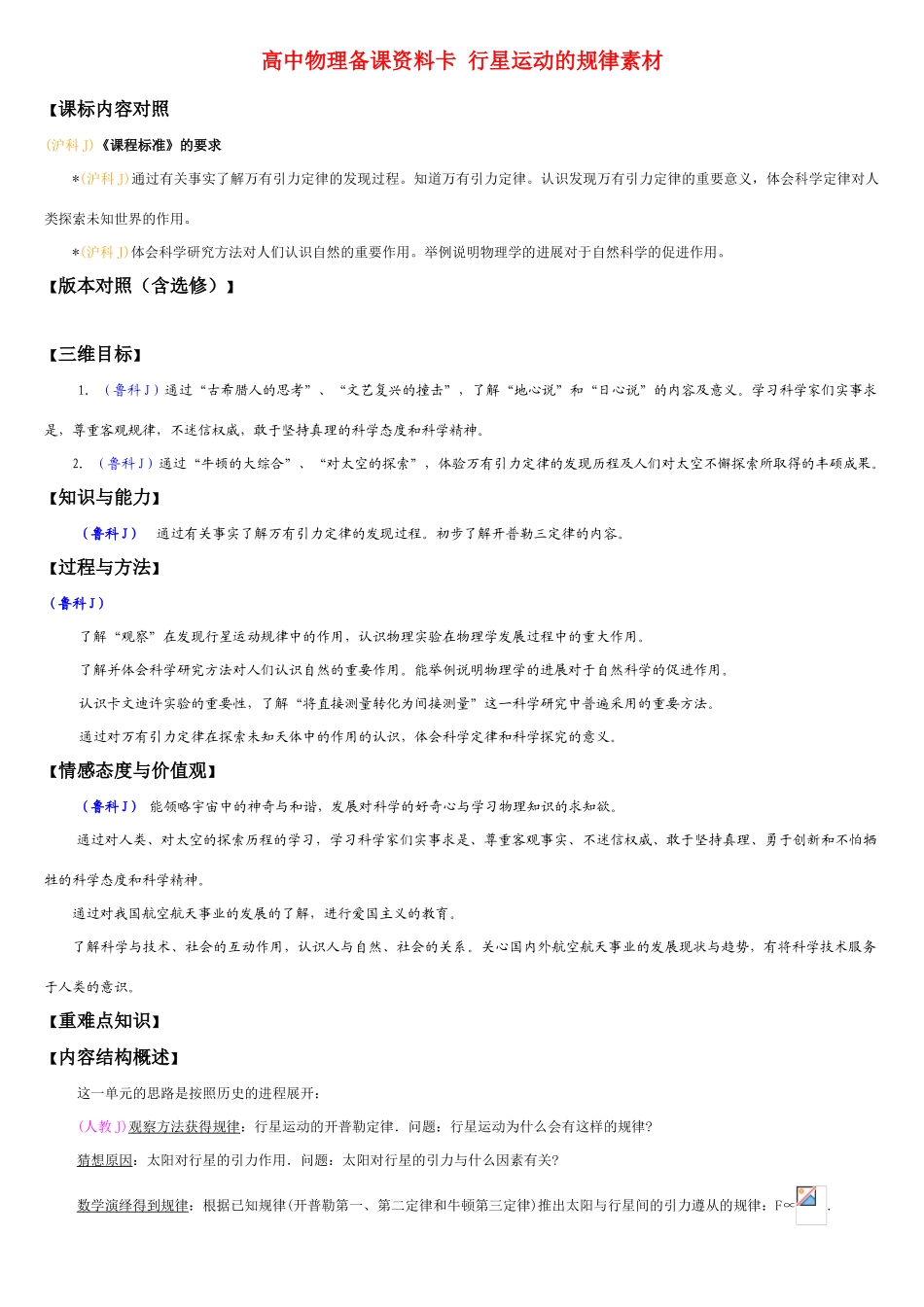 高中物理备课资料卡 行星运动的规律素材_第1页