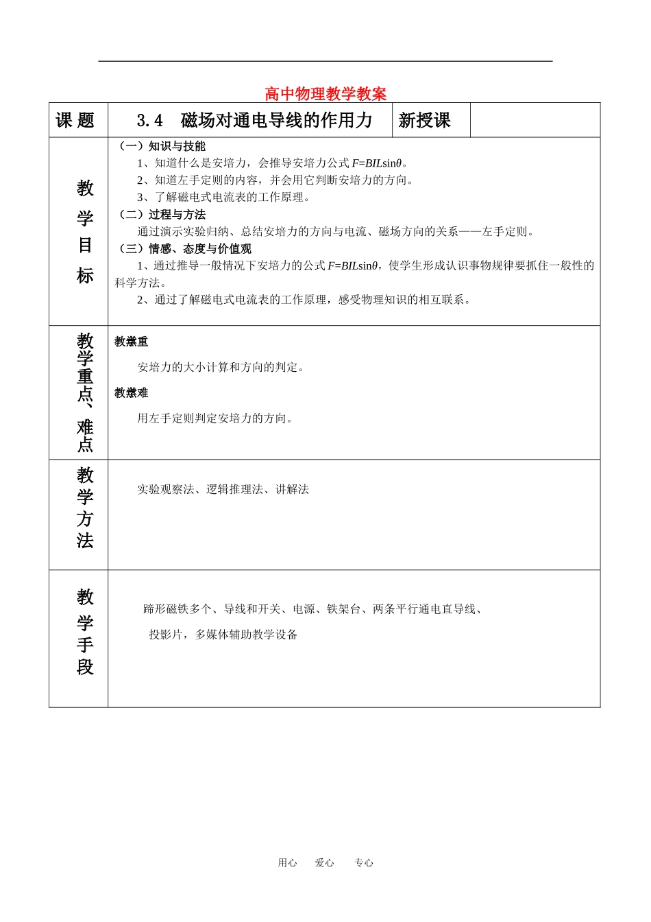 高中物理磁场对通电导线的作用力教案人教版选修3_第1页