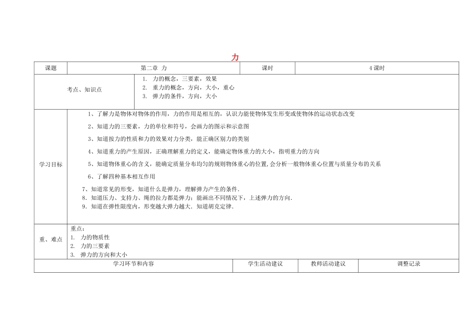 高中物理第7周 力教学设计-人教版高中全册物理教案_第1页