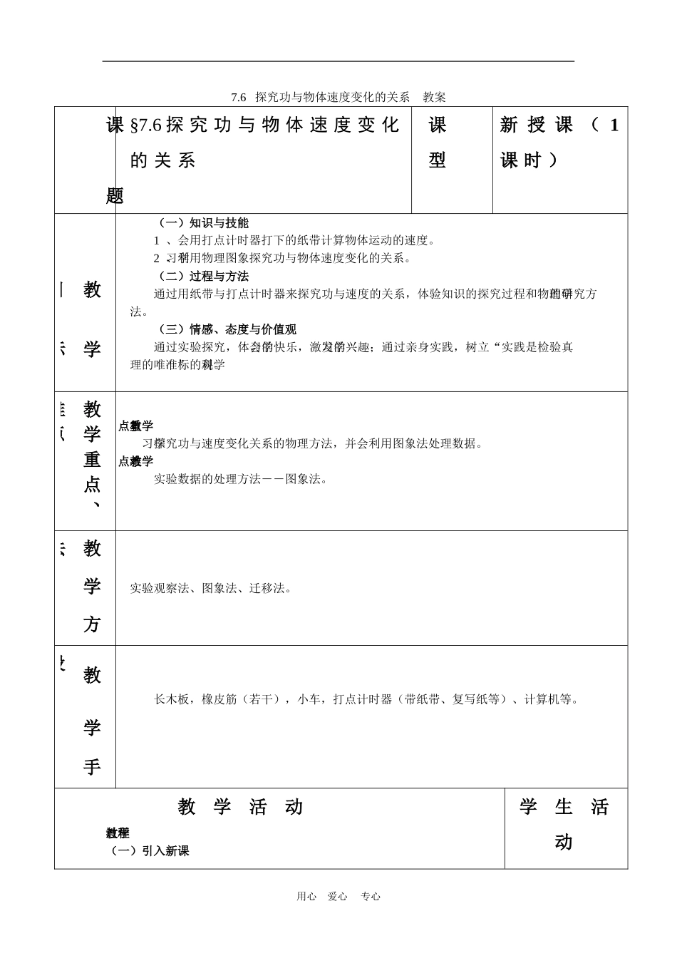 高中物理：7.6《探究功与物体速度变化的关系》教案（新人教版必修2）_第1页