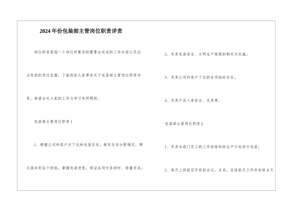 2024年份包装部主管岗位职责详责_第1页