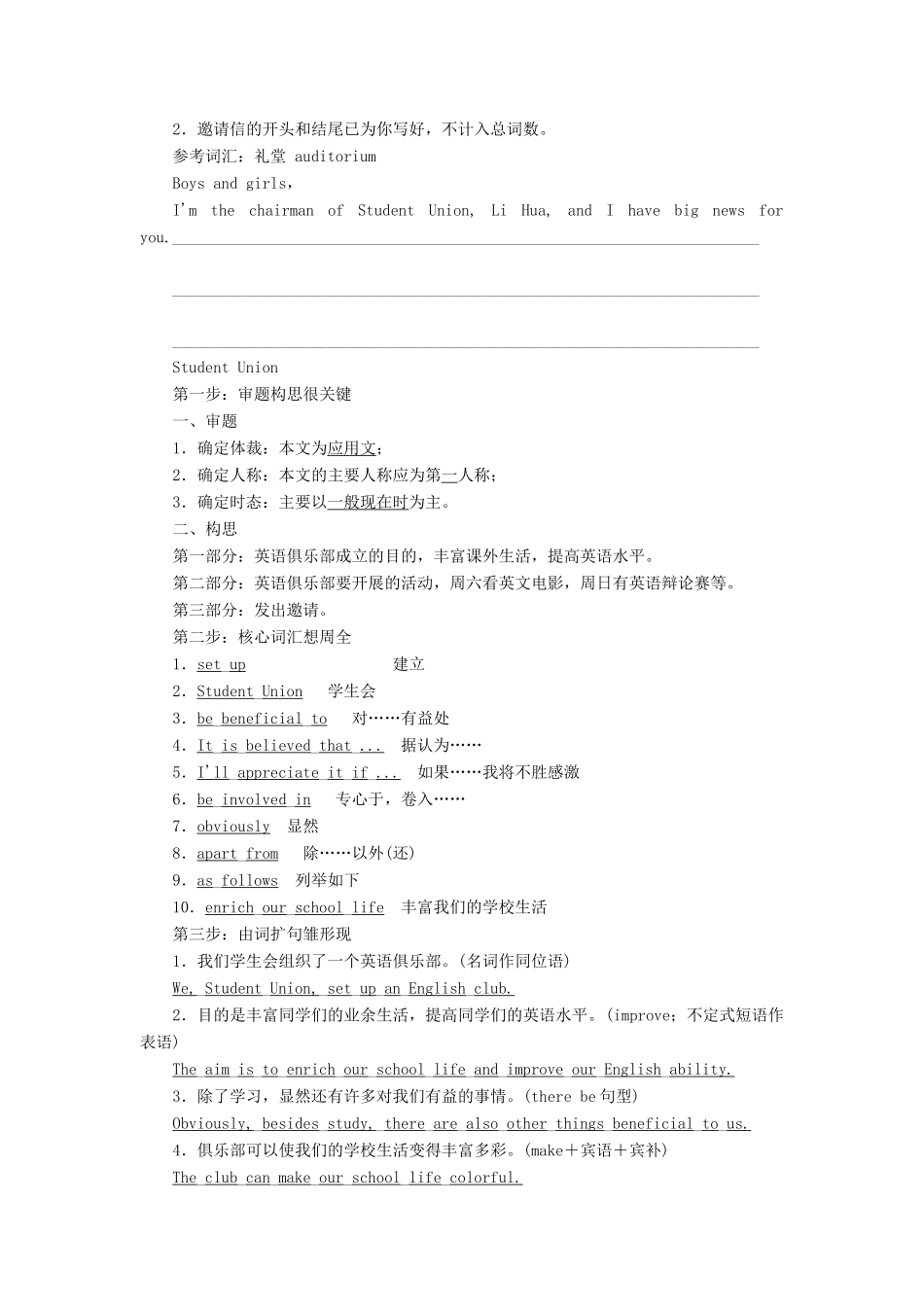 高中英语 Module 3 Body Language and Non-verbal Communication Section Ⅴ Writing-邀请信教学案 外研版必修4-外研版高一必修4英语教学案_第2页