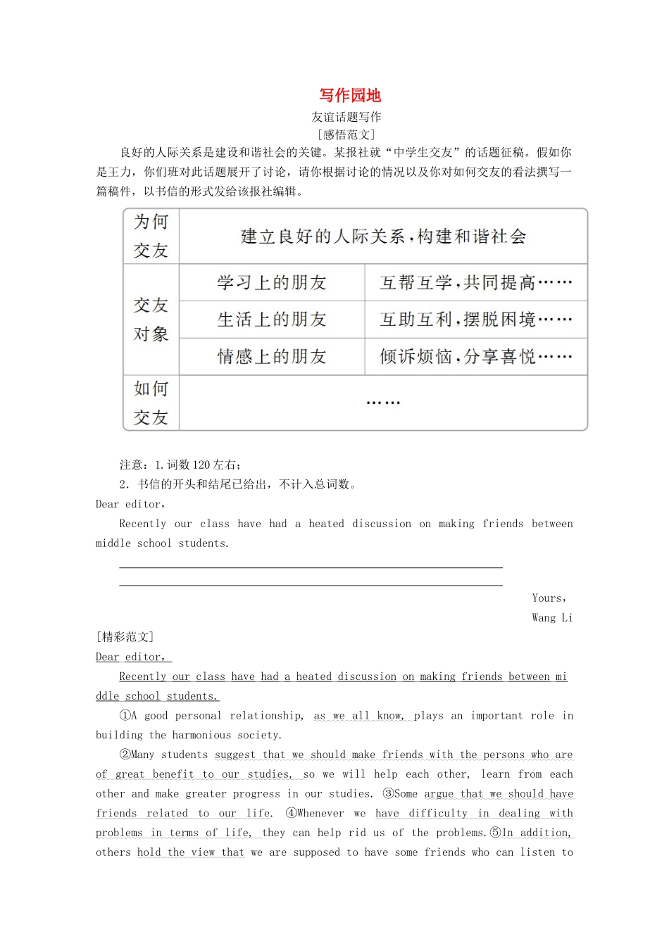 高中英语 Module 3 Interpersonal Relationships 写作园地教学案 外研版选修6-外研版高二选修6英语教学案_第1页