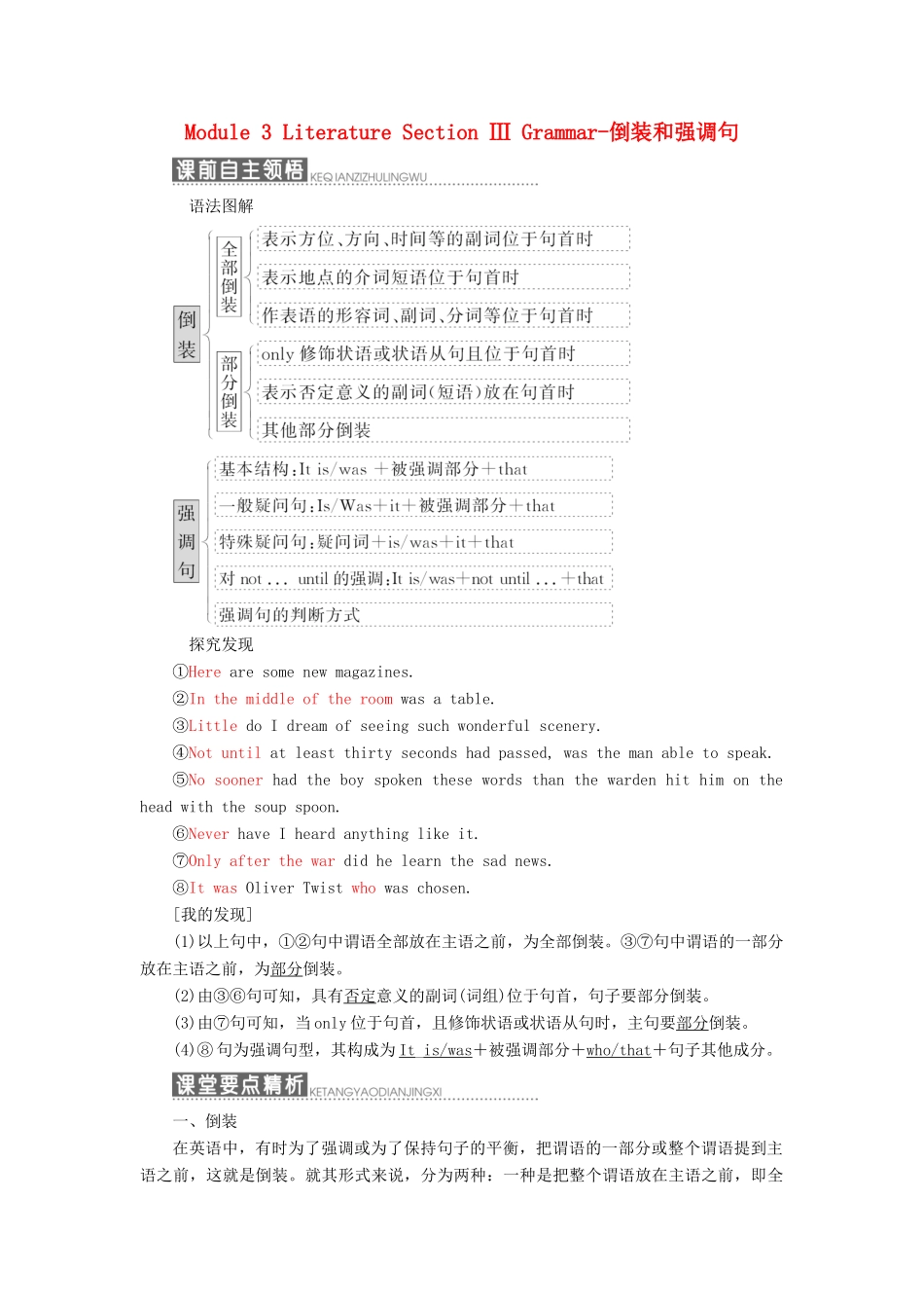 高中英语 Module 3 Literature Section Ⅲ Grammar-倒装和强调句教学案 外研版选修7-外研版高二选修7英语教学案_第1页