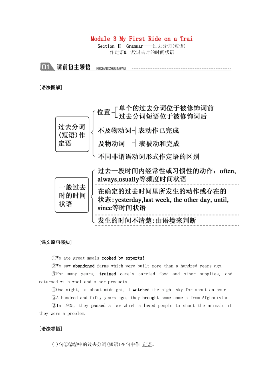 高中英语 Module 3 My First Ride on a Train Section Ⅱ Grammar—过去分词（短语）学案（含解析）外研版必修1-外研版高一必修1英语学案_第1页