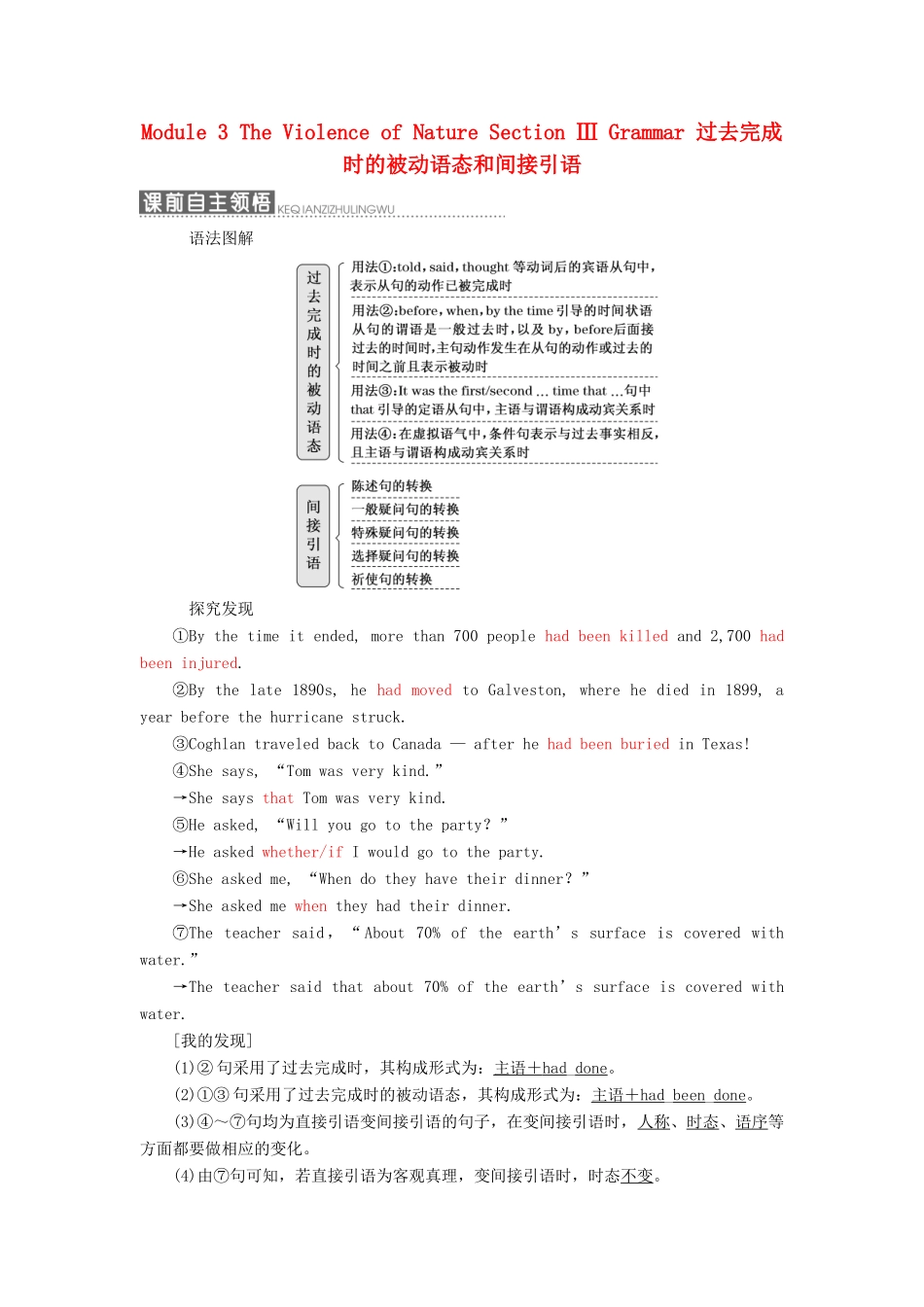 高中英语 Module 3 The Violence of Nature Section Ⅲ Grammar 过去完成时的被动语态和间接引语教学案 外研版必修3-外研版高一必修3英语教学案_第1页