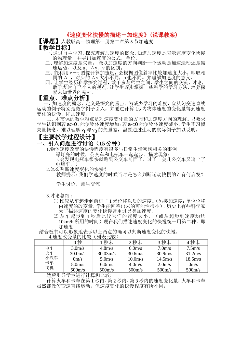 高中物理：速度变化快慢的描述—加速度教案人教版必修1_第1页