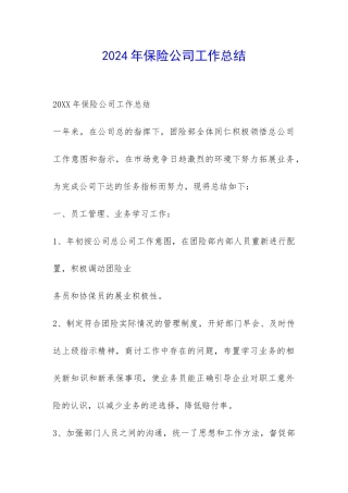 2024年保险公司工作总结-